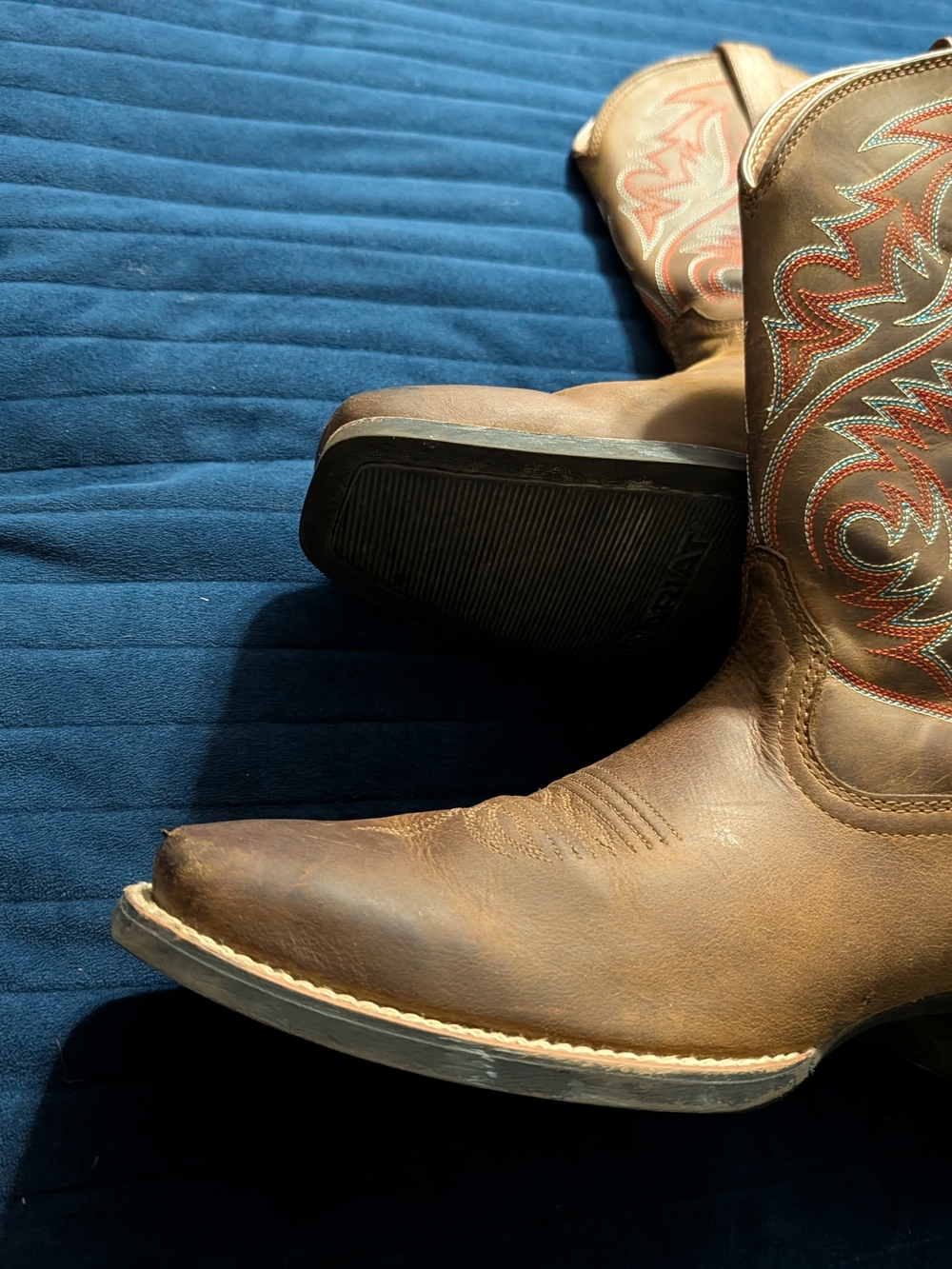 Ariat Brown Leather Cowboy Boots with Red & Teal Stitching